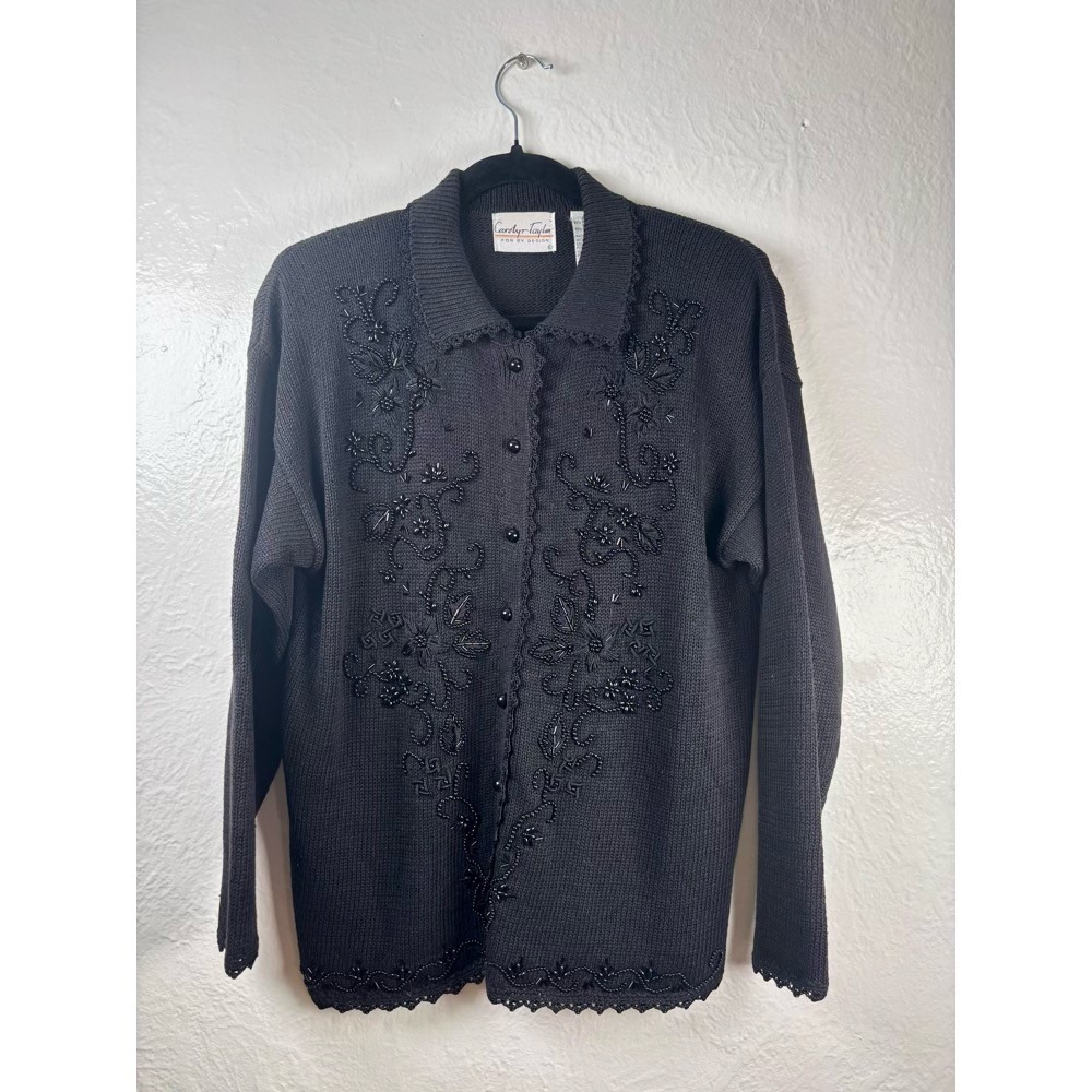 Cardigan Sweater Black S Beaded Scalloped Button Front Cottagecore Dark Academia